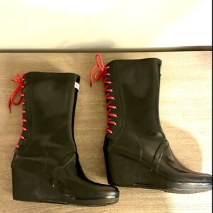 Hunter Black Rain Boots with Red Laces